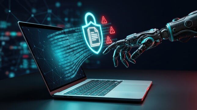 Cybersecurity AI concept with robotic hand touching laptop. Digital data protection shield and firewall. Artificial intelligence network security.