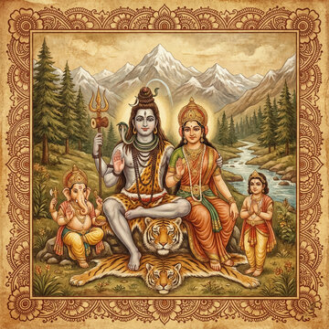 Hindu Pantheon Family Portrait of Shiva, Parvati, Ganesha, and K