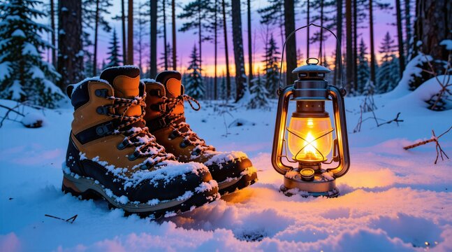 Metal oil lantern glows near hiking boots in snowy pine forest at twilight. Cold winter evening scene shows warm light on fresh white snow. Pine trees stand in dark woods at sunset. Adventure gear