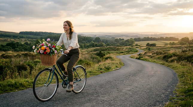 Woman riding bicycle with flower basket on winding country road at sunset