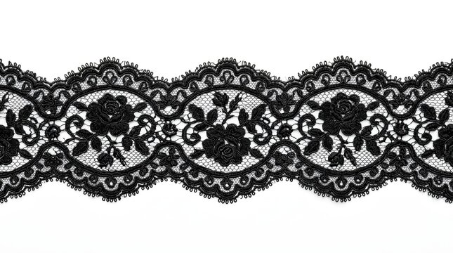 Black floral lace trim isolated on white background