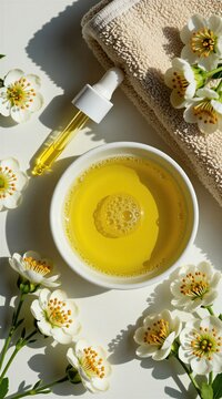 Top view of yellow camelina oil in white ceramic bowl with cosmetic dropper, soft towel. Fresh white flowers surround glass pipette on wooden surface. Organic skincare liquid treatment with herbal