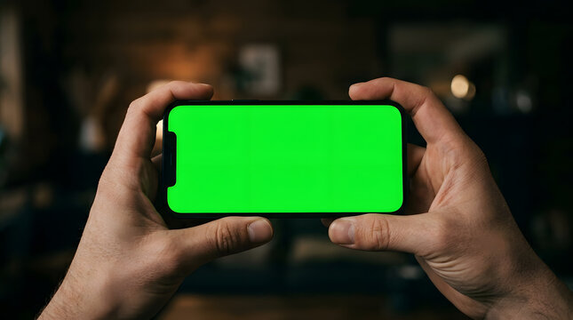 Person holding a smartphone with a green screen in landscape mode, ready for content insertion