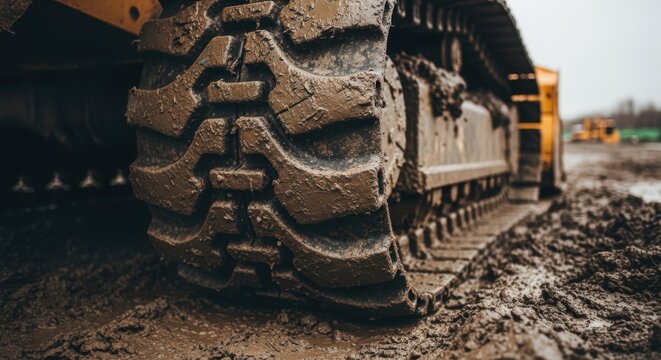 Macro perspective of a construction vehicles traction pattern on a messy wet site.