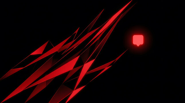 Abstract red geometric shards and glowing notification icon on black background