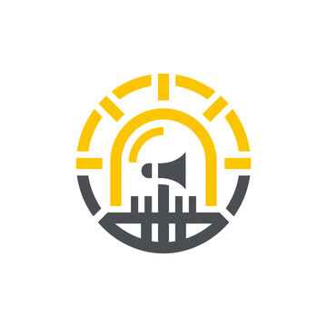 A circular graphic design featuring a stylized sun and megaphone