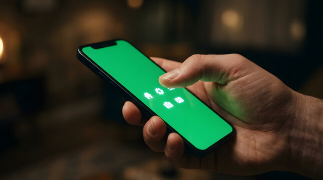 Close up of a person's hand holding a smartphone with a green screen and white icons, interacting with the device