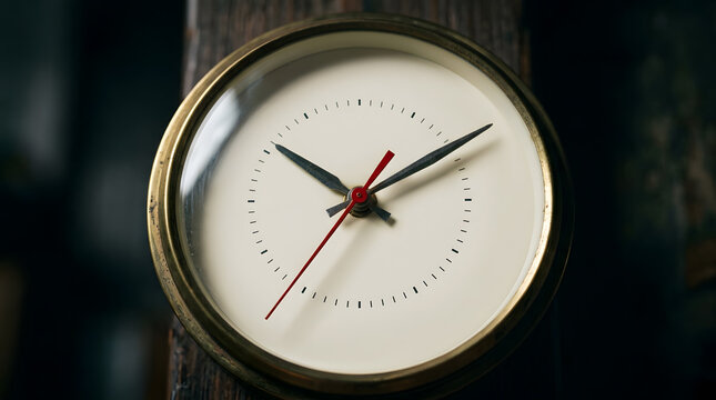 Close up of a vintage analog clock face with brass frame and cream dial showing time