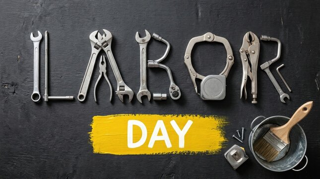 Creative labor day background featuring various metal construction tools arranged to spell out the holiday celebration word labor