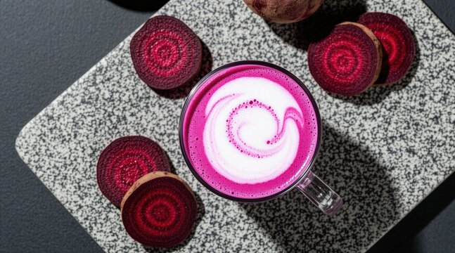 Vibrant pink beetroot latte art drink in clear glass cup. Sliced beetroots arranged on speckled grey stone platter. Healthy beverage presentation with latte art swirl.