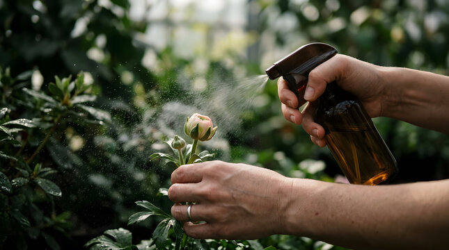 Person spraying water on a delicate pink flower bud in a greenhouse with lush green foliage in the background