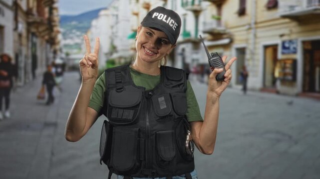 Police officer woman, blonde caucasian smiling, wearing police cap and tactical vest, holding walkie talkie and flashing peace sign hand on a street; friendly duty.