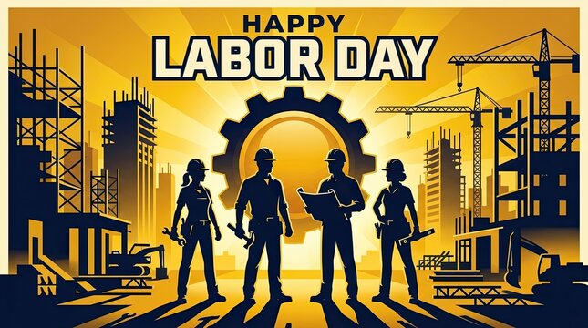A festive illustration celebrating labor day featuring industrial workers standing in front of a construction site background