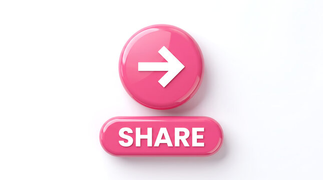 Pink 3D Share Button with White Arrow Icon and Text Isolated on White Background for Social Media Concept