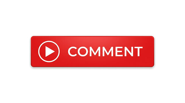 Red Comment Button with Play Arrow Icon and White Text Isolated on White Background for Social Media Concept