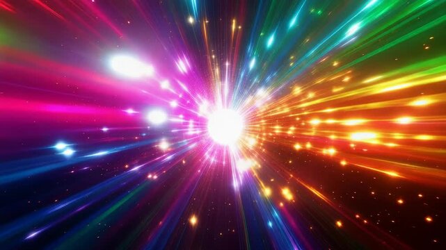 Abstract hyperspace tunnel with radiant light burst and streaking particles rushing through dark cosmic background creating energetic motion scene for speed technology science fiction digital travel