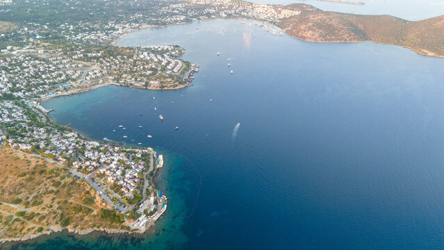 Aerial View of Bodrum Bay Coastline with Boats and Villas