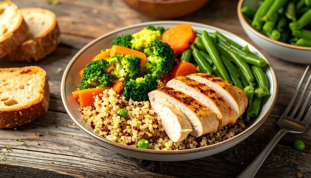 Healthy grilled chicken breast bowl with quinoa and fresh vegetables.
