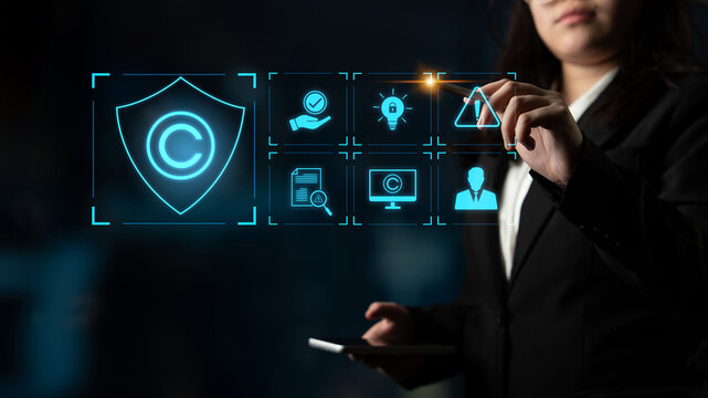 Digital copyright protection system showing secure ownership, intellectual property rights, content verification, and legal warning icons for creators and publishers Latch