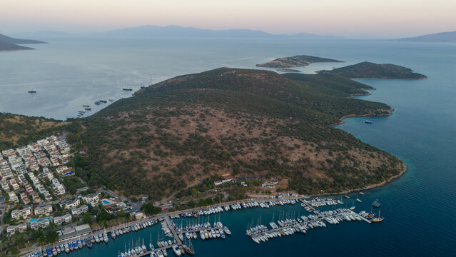 Aerial View of Bodrum Peninsula Marina and Coastline at Dusk