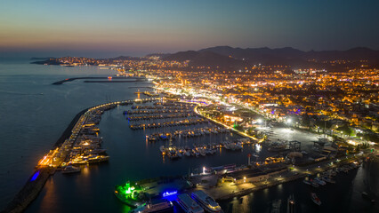 Fototapeta premium Aerial Night View of Bodrum Marina and Coastline at Dusk