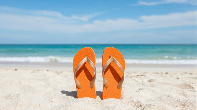 Two orange sandals in foreground with ocean and horizon in background