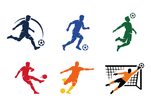 Dynamic Soccer Players Silhouettes Set, Football Athletes in Action with Ball, Running, Jumping and Scoring, Sport Competition Vector Illustration Collection