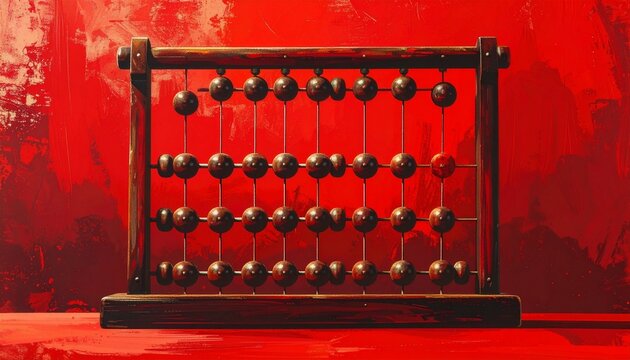 Vintage wooden abacus on red background.