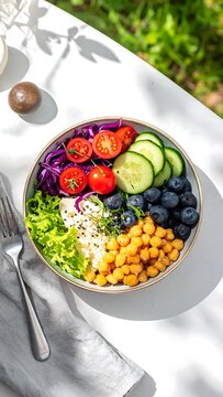 Healthy Buddha Bowl with Chickpeas and Fresh Vegetables.