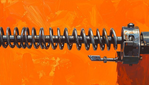Close up of industrial metal spring mechanism on orange background.