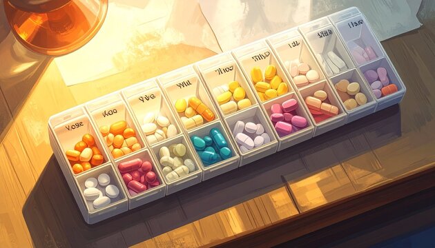 Colorful pill organizer with medication compartments on wooden table.