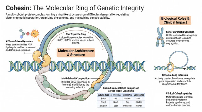 Educational infographic exploring cohesin, its molecular structure, chromosome organization, sister chromatid cohesion, DNA repair and genome stability.