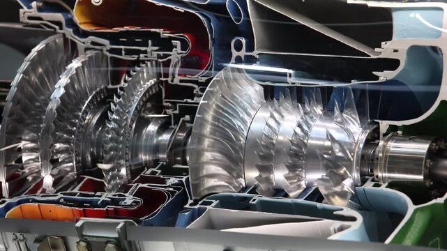 Cross section modern jet engine intricate turbine stages compressor blades internal airflow pathways. Detailed aerospace advanced propulsion technology precision engineering commercial aviation