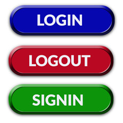 Fototapeta premium Modern Glossy Login Logout Sign In Button Set Isolated on White Background, Colorful 3D Login Logout Signin Web UI Button Set Design