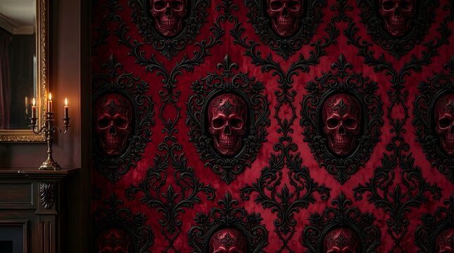 Gothic damask wallpaper pattern with ornate black frames and detailed red skulls in a dark room