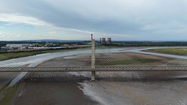 Aerial view of mersey gateway bridge and fiddlers ferry power station