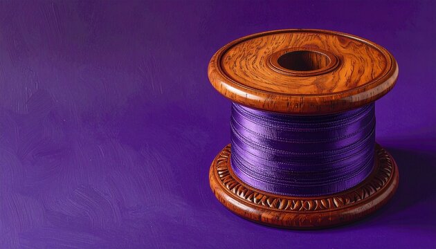 Wooden spool of purple thread on solid purple background.