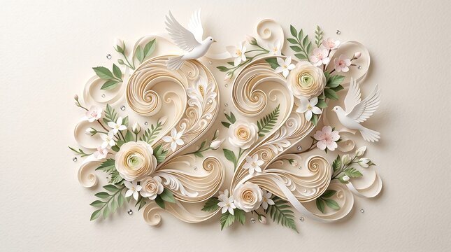 Number 22 made of paper quilling art with flowers and white doves for anniversary design