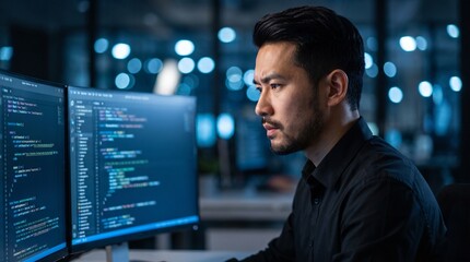 Fototapeta premium Focused asian software developer writing complex computer code on dual monitors during quiet night shift inside modern dark corporate office