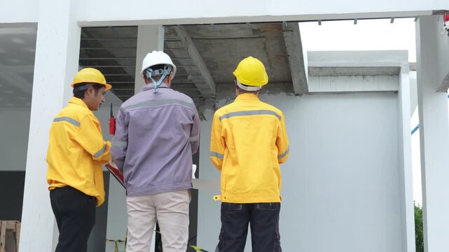 Construction inspectors and engineer discussing project details at an unfinished building site, teamwork, communication, safety compliance, site supervision, safety, construction project management.