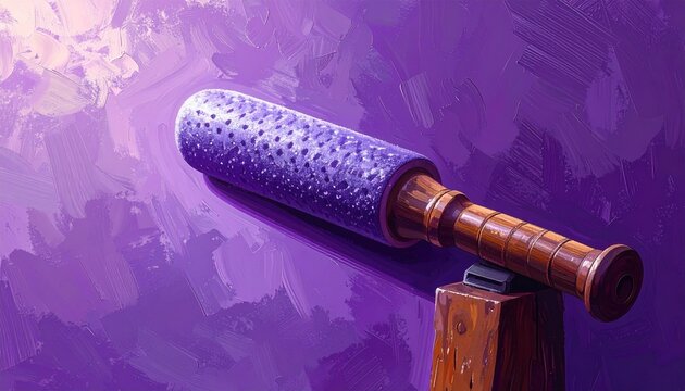 Antique Brass Telescope on Wooden Stand with Purple Background.