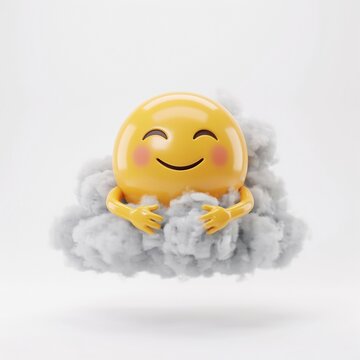 3 d render of a smiling yellow emoji character hugging a fluffy grey cloud