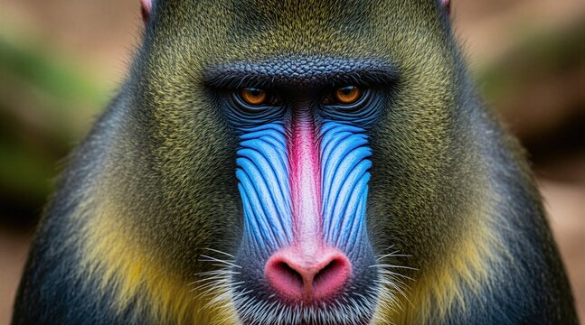 Frontal close up portrait of adult mandrill with bright blue, red colorful snout. Wild primate monkey stares directly at camera with intense orange eyes. Detailed mammal fur texture visible on head.