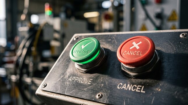 Industrial control panel with green approve and red cancel buttons. Factory machine interface for production management and quality control.