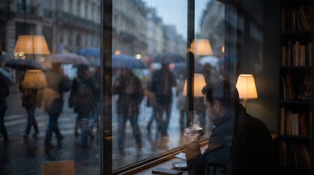 Man drinking coffee in cozy cafe looking at rainy city street