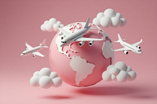 White passenger planes fly around pink globe with clouds. Aircraft travel across world model in air. Minimalist 3d render represents international connection, tourism concept. Creative digital art