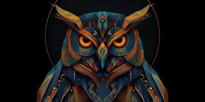 Intricate owl illustration with vibrant colors and abstract geometric design on a dark background