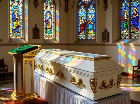 Decorative white, gold casket rests inside church. Ornate coffin stands near wooden lectern on pedestal. Bright light shines through colorful stained glass windows casting vivid reflections. Solemn