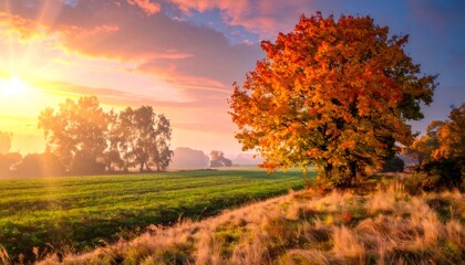 Fototapeta premium Autumn maple tree glowing at sunrise over fields