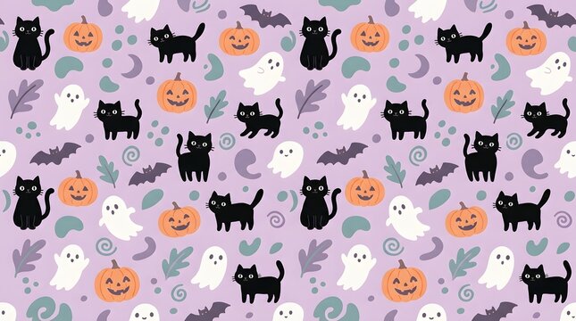 Seamless halloween pattern with cute cats, ghosts, pumpkins and bats on purple background